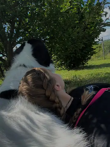 Person kuschelt im Gras mit einem Hund