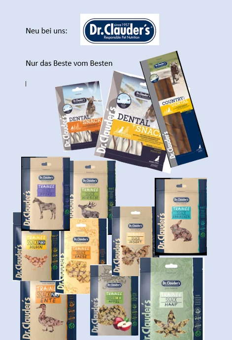Werbebild «Neu bei uns: Dr. Clauder’s», verschiedene Verpackungen von Hundesnacks